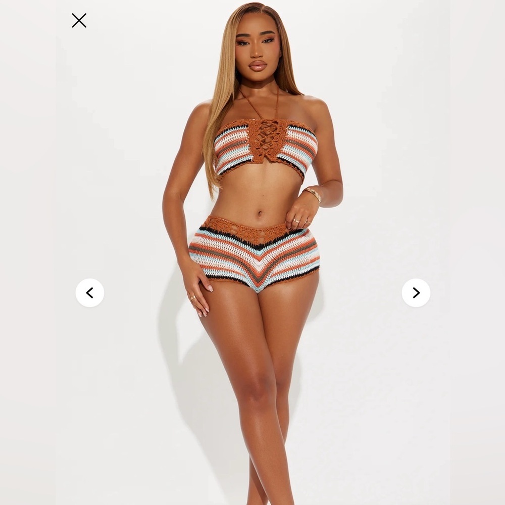 Crochet Two-Piece Tube Top & High-Waist Shorts Set - Rust Stripe - Picture 2 of 6